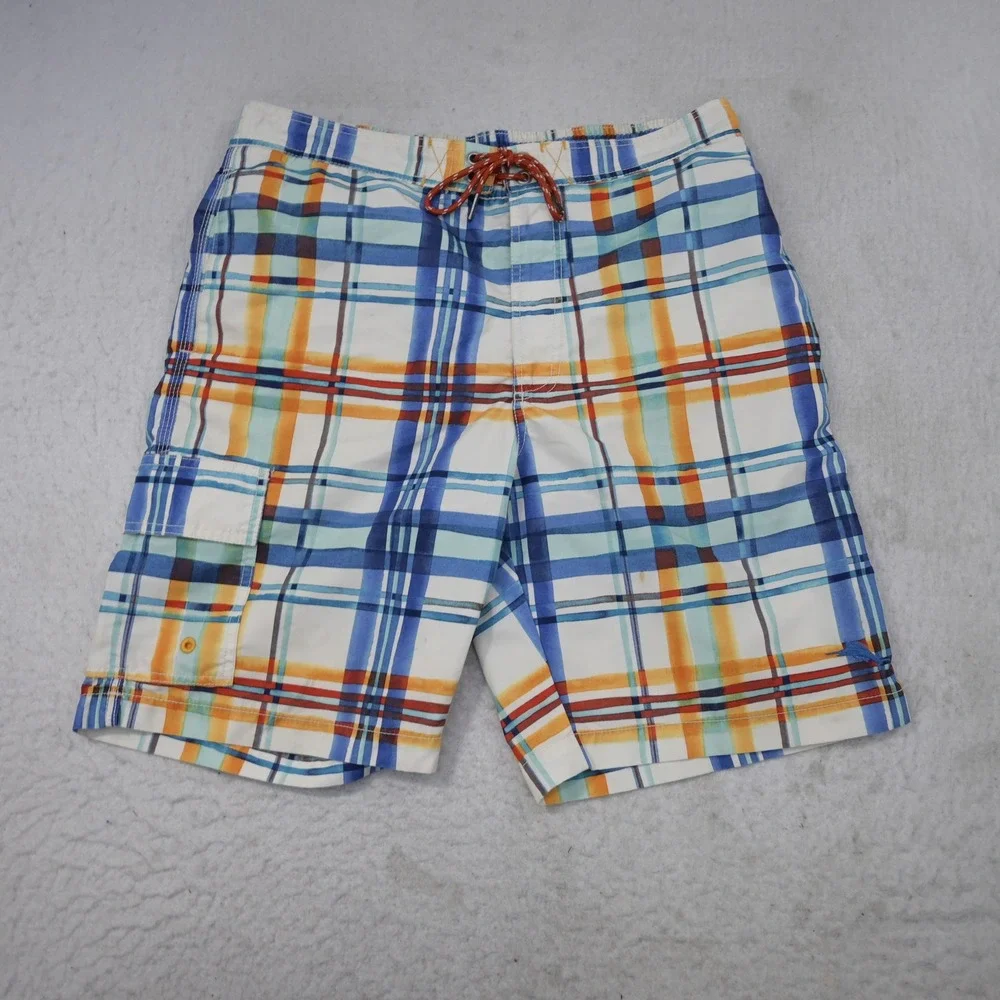 Tommy Bahama Relax Swim Trunks Mens Medium Blue Orange Plaid Cargo Board Shorts